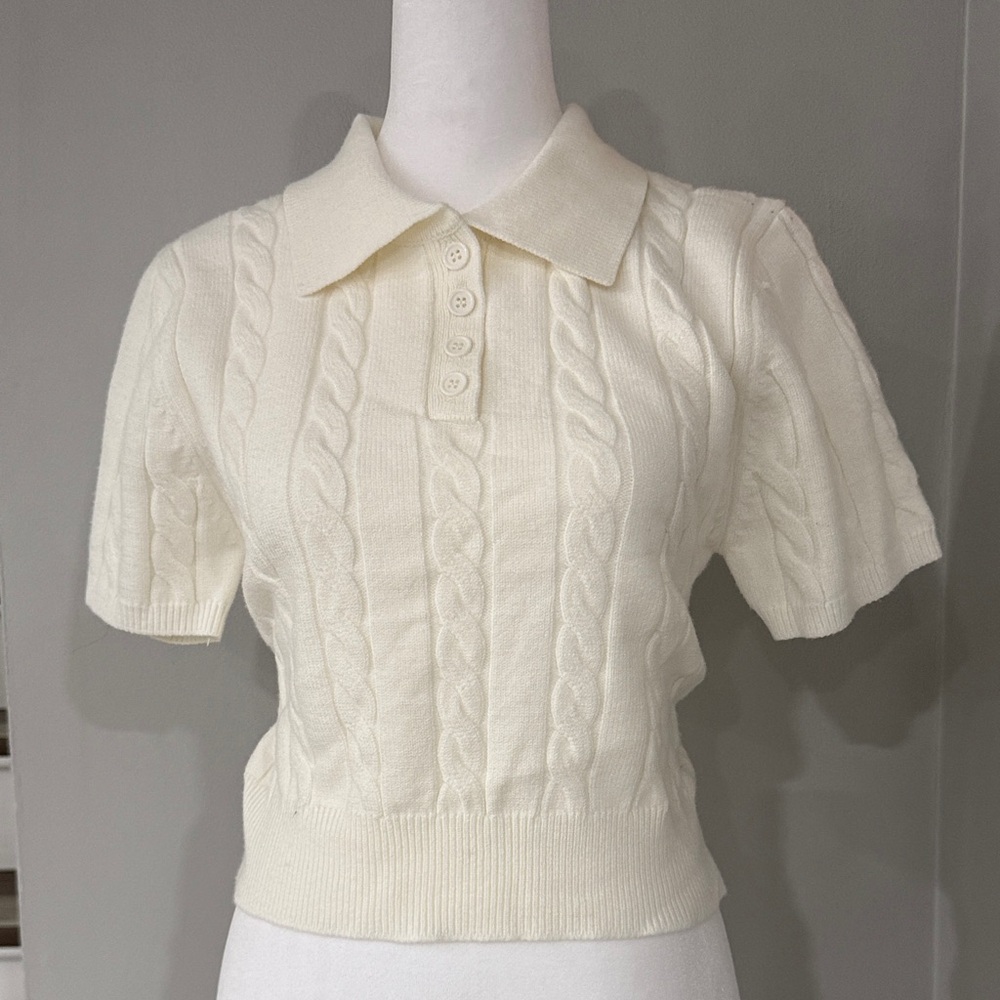 Ivory Cable Knit Crop Polo by [Brand]